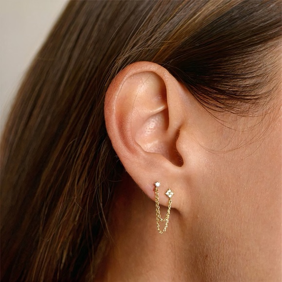 Studded Double Pierced 14K Gold Earrings, CZ Flower and Chain Drop Earrings - Picture 2 of 2